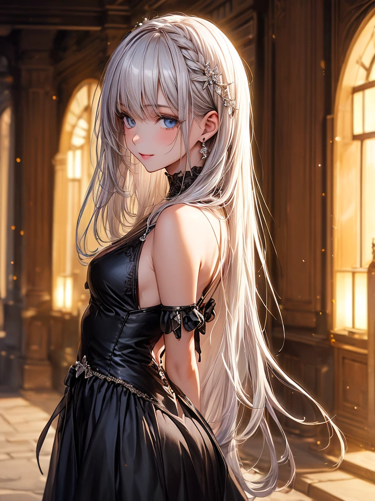 (​masterpiece),(top-quality:1.2),(4k anime),(perfect anatomy),((arms behind back)),(1 girl),(night view),(standing in riverside),cute clothes,beautiful detailed blue eyes,silver long hair,cute face,(Highly detailed elegant),an extremely delicate and beautiful,Beautiful and realistic skin, Silky to the touch,sideways glance,view from side,Through delicate lines and gorgeous colors,soft tones,captivating smile,realistic atmosphere