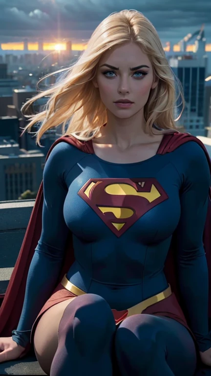 a supergirl sitting on a rooftop building, lost in deep thought, looking at the city, beautiful highly detailed eyes, beautiful blue eyes, both eyes are similar, beautiful detailed lips, extremely detailed face, long eyelashes, beautiful detailed tight costume, blonde hair, big breasts, dynamic pose, cinematic lighting, epic cityscape, moody atmosphere, dramatic shadows, vibrant colors, photorealistic, 8k, best quality, hyper detailed, masterpiece