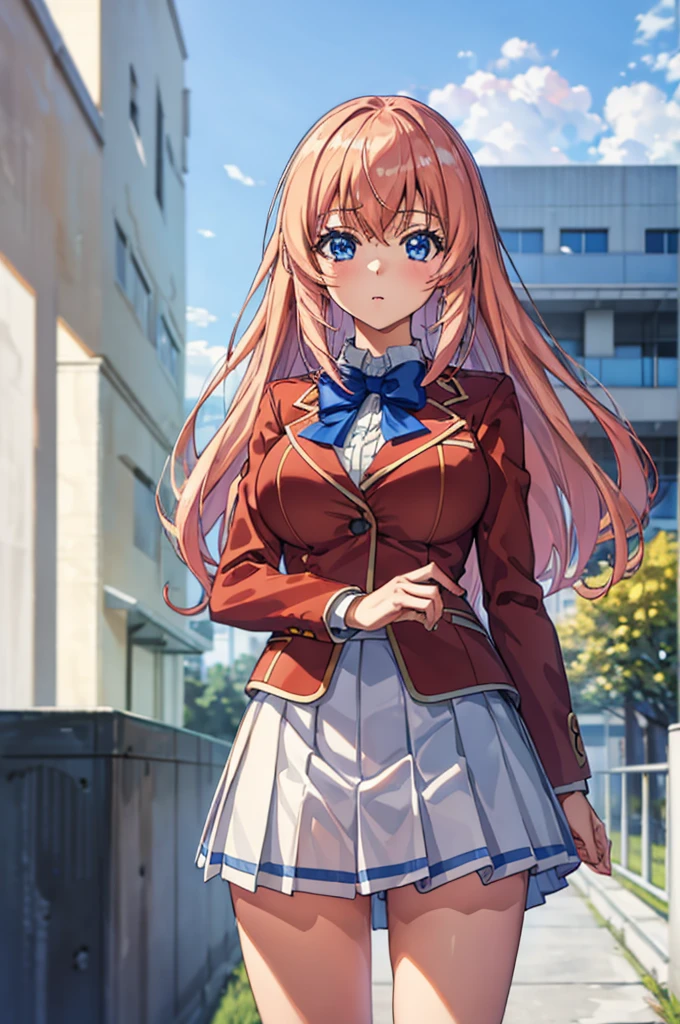 (masterpiece:1.3), (best quality:1.1), (8k, ultra detailed, ultra high res:1.2), ((anime style)), perfect 5 fingers, perfect anatomy, ((impressionism)),
1girl,
Ichinose honami, 
Ichinose honami \(youjitsu\),
long hair, 
pink hair, 
blue eyes, round eyes, tareme, 
blue bow, 
large breasts, 
red jacket, long sleeves, white skirt, pleated skirt, black calf socks, 
looking at viewer, 
cowboy shot, 
perfect light, 
(detailed background:1.2), outdoor, outside, school building,  