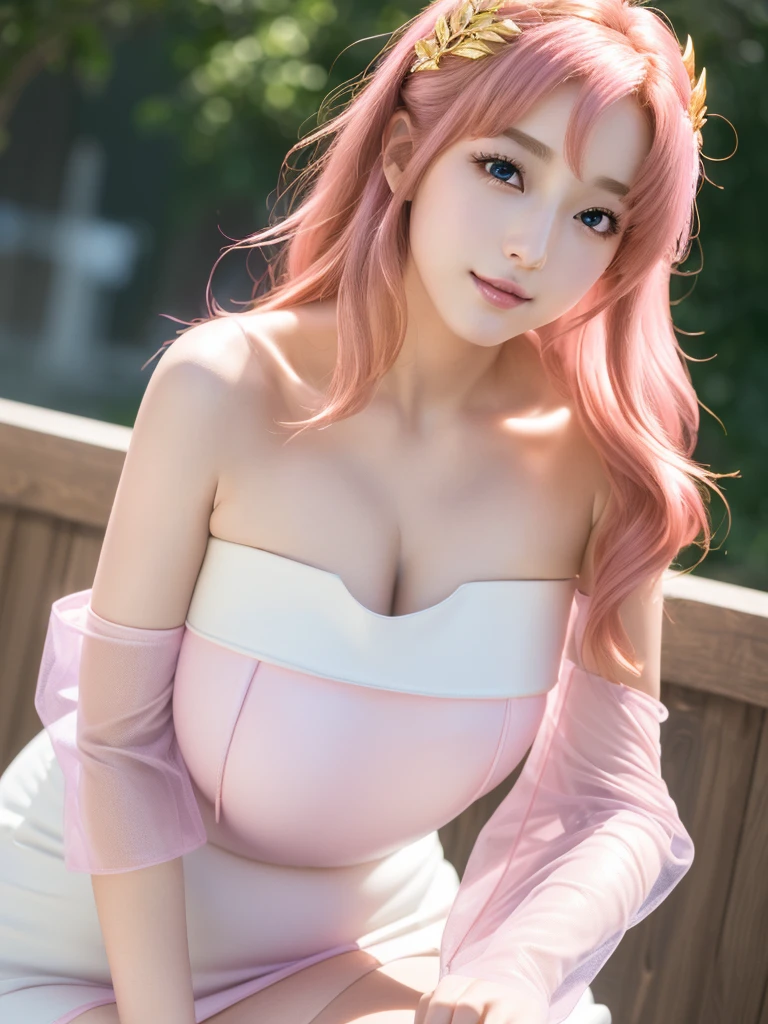 (Highest quality、4K、8K, masterpiece:1.3), Ultra detailed face, Detailed lips, Detailed eyes, double eyelid, 
BREAK, 
smile, (Seductive pose:1.75), 
BREAK,1girl, 20 years old, (Generous Breasts:1.3), (Plump shape:1.5),
BREAK ,
lacus clyne, (purple eyes:1.1), hair ornament, long hair, wave hair ornament, (pink hair),
BREAK,
(Golden hair ornament), ((White Dress, Removable sleeves, Pink sleeves, Short sleeve, Sleeveless dress, Strapless, Strapless dress)),