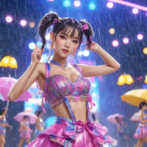 (Full body portrait:1.2)、A beautiful young idol girl with twin tails is dancing on an outdoor stage in the rain、In idol-like cos...