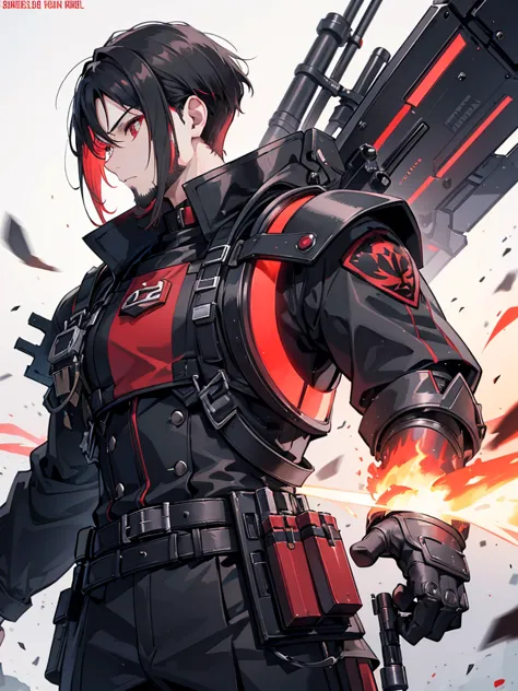 アニメ, grown-up. Supreme Marshal serious muscular slim strong with a long sniper flank gun with red plasma technological details. ...