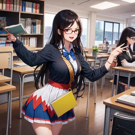 your influencer character(milf) with long, dark hair dancing on a university classroom, study table is full of books and notes ....