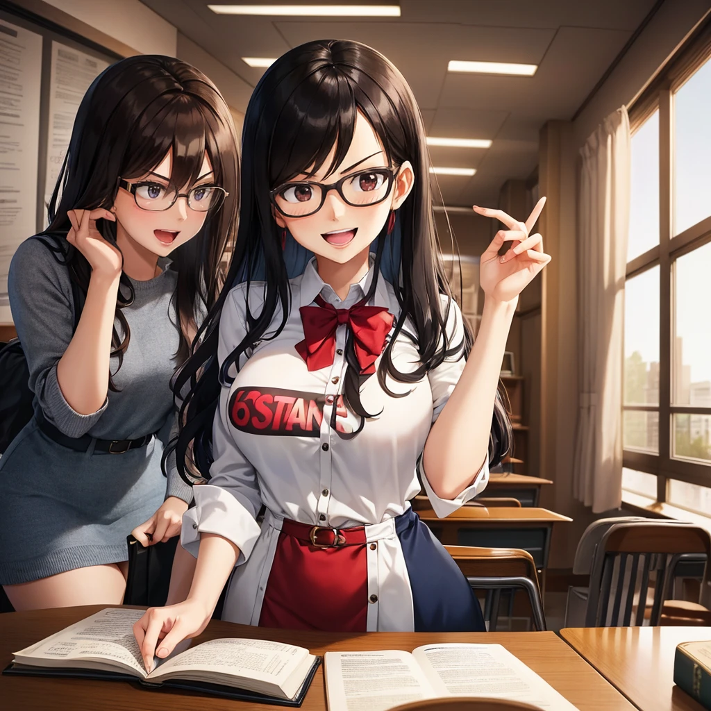 Your influencer character(milf) with long, dark hair dancing on a University Classroom, study table is full of books and notes . She is dressed in a University themed dress with glasses and has a joyful expression on her face. The style is bright and colorful, capturing the energy and fun of the moment.