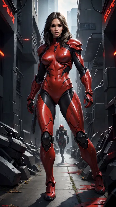 a portrait of Megan fox as armored carnage, (red carnage skinless muscular bio-mecha armor:1.25), (mouth wide open, carnage styl...