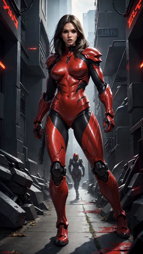 a portrait of megan fox as armored carnage, (red carnage skinless muscular bio-mecha armor:1.25), (mouth wide open, carnage styl...