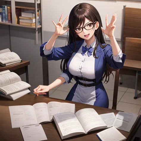 your influencer character(milf) with long, dark hair dancing on a university classroom, study table is full of books and notes ....