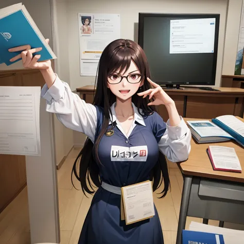 your influencer character(milf) with long, dark hair dancing on a university classroom, study table is full of books and notes ....