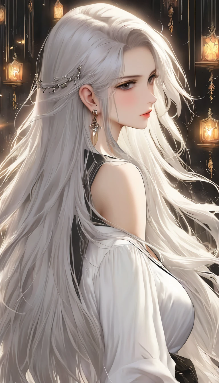 1 woman, lonely, long hair, shirt, white shirt, smooth, upper body, earring,  decorations, white hair, shut your mouth、looking forward