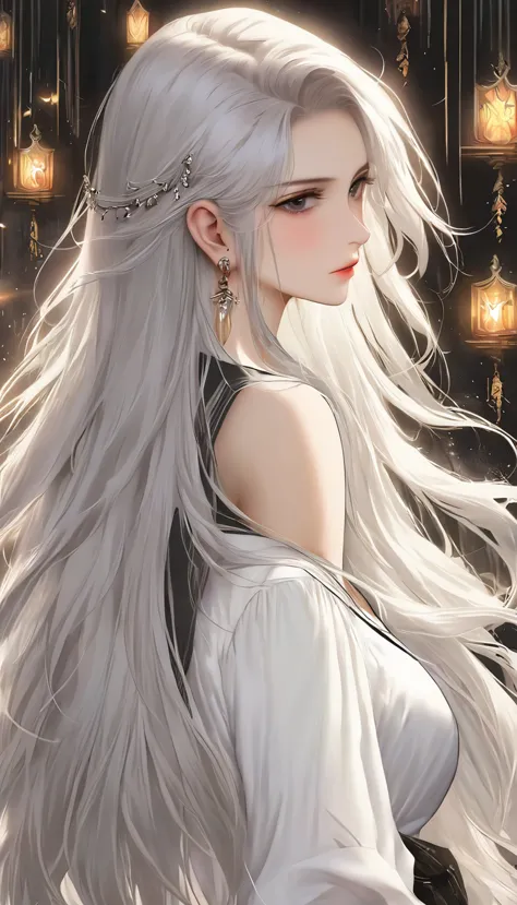 1 woman, lonely, long hair, shirt, white shirt, smooth, upper body, earring,  decorations, white hair, shut your mouth、looking f...