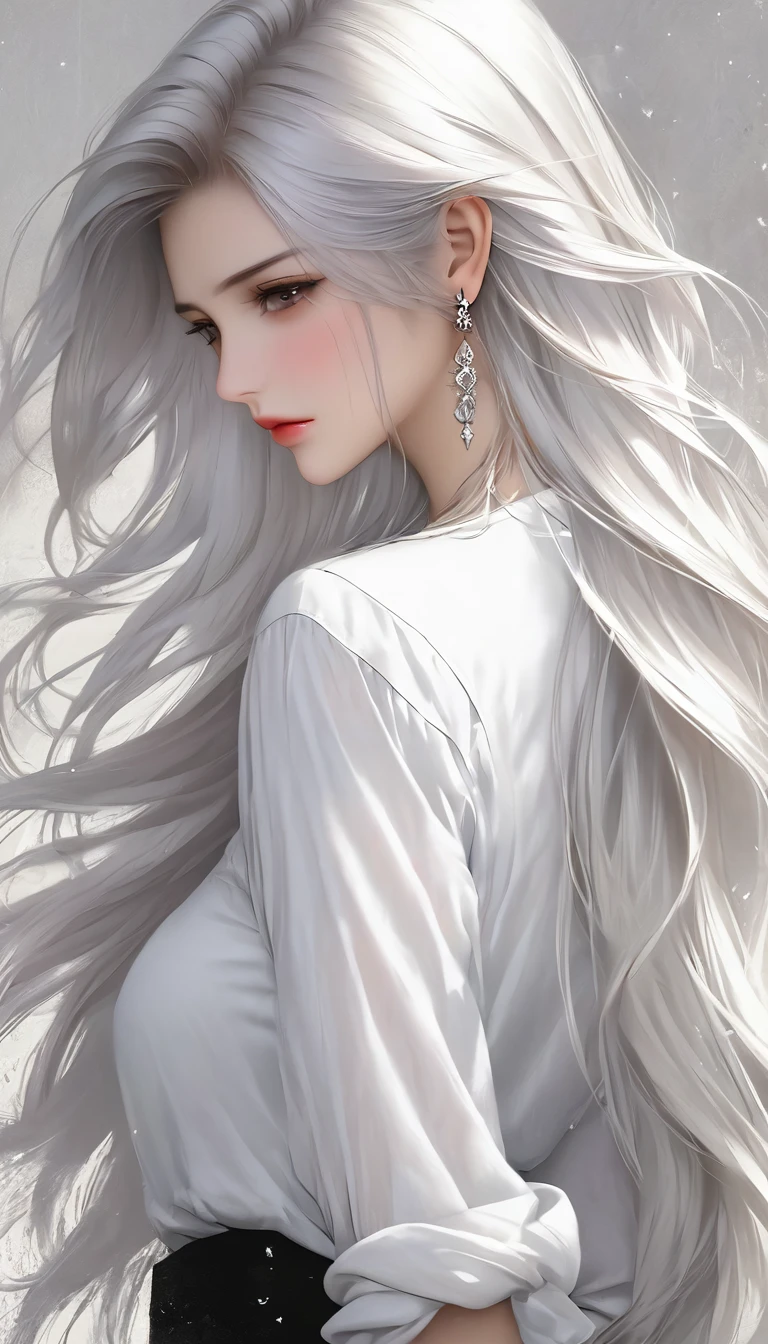 1 woman, lonely, long hair, shirt, white shirt, smooth, upper body, earring,  decorations, white hair, shut your mouth、looking forward