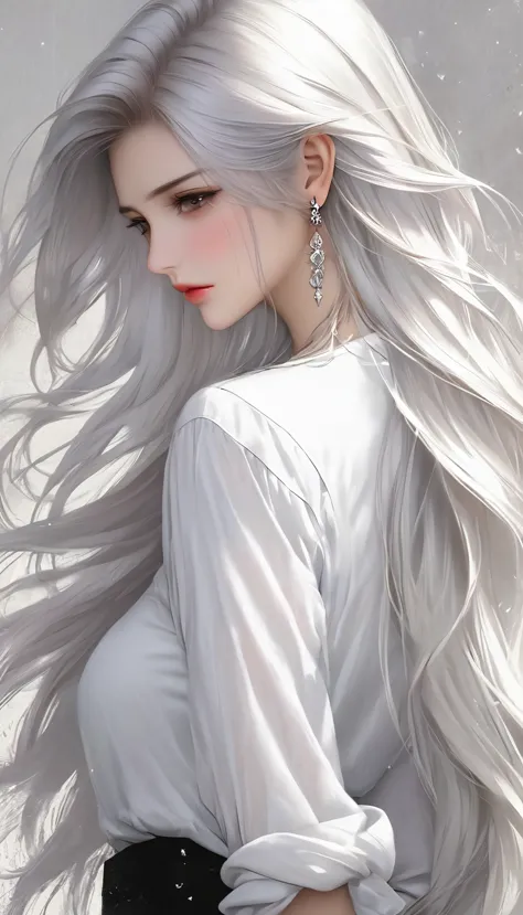 1 woman, lonely, long hair, shirt, white shirt, smooth, upper body, earring,  decorations, white hair, shut your mouth、looking f...