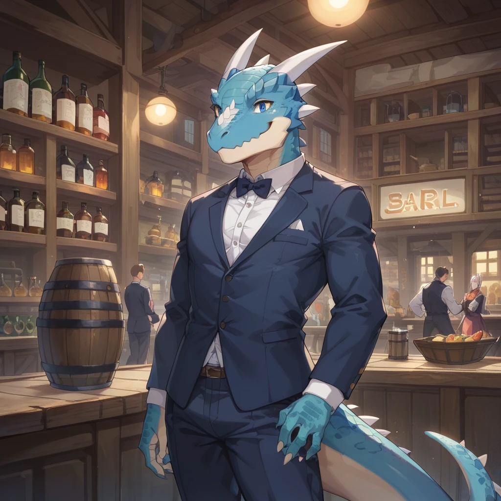 （Young Lizardman、Bar Master、Standing behind the counter、）Blue body、Tuxedo suit、Friendly smile、Toned body、Two white horns、Sparkling blue eyes、Dark Tavern、Inside the store、cool、front