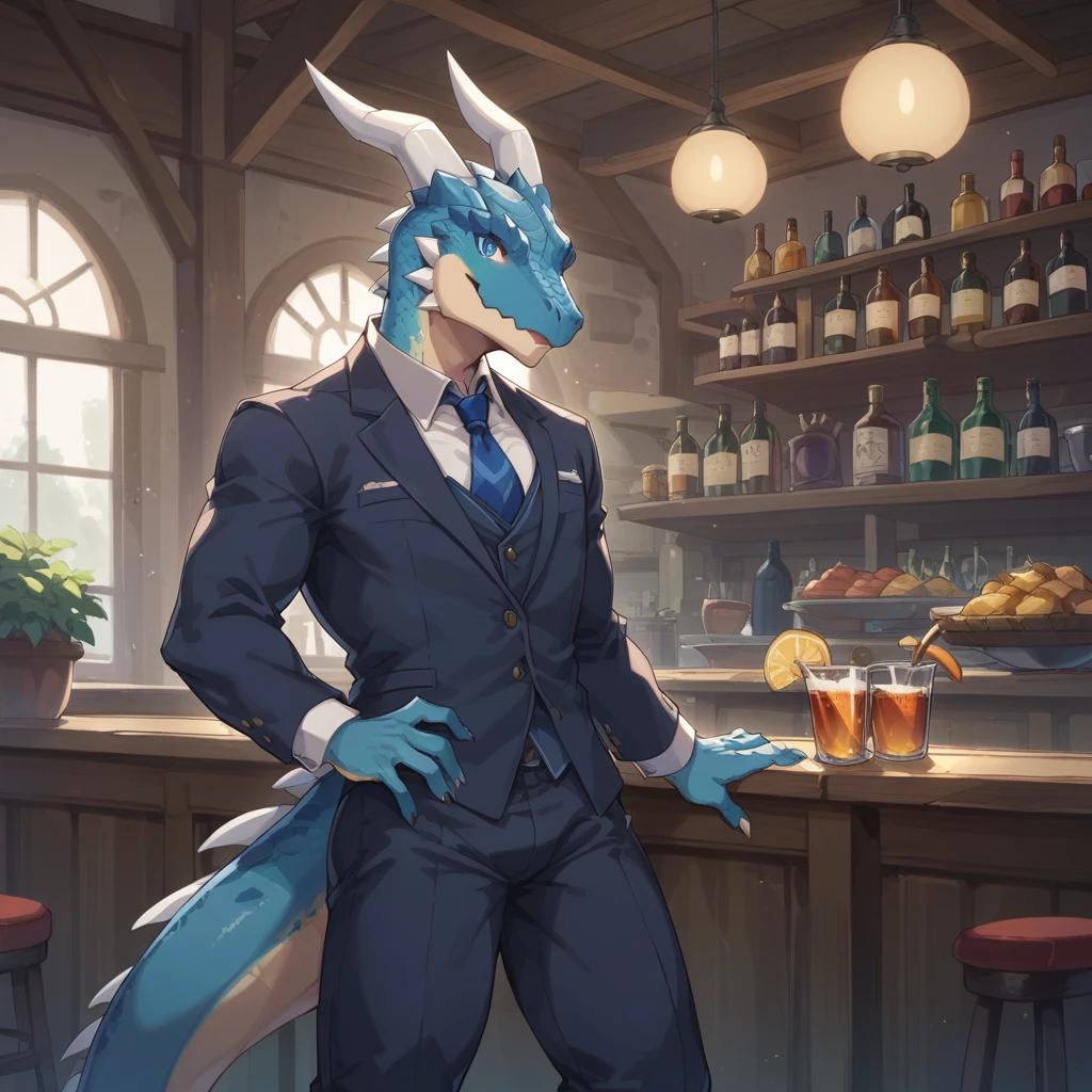 （Young Lizardman、Bar Master、Standing behind the counter、）Blue body、Tuxedo suit、Friendly smile、Toned body、Two white horns、Sparkling blue eyes、Dark Tavern、Inside the store、cool、front