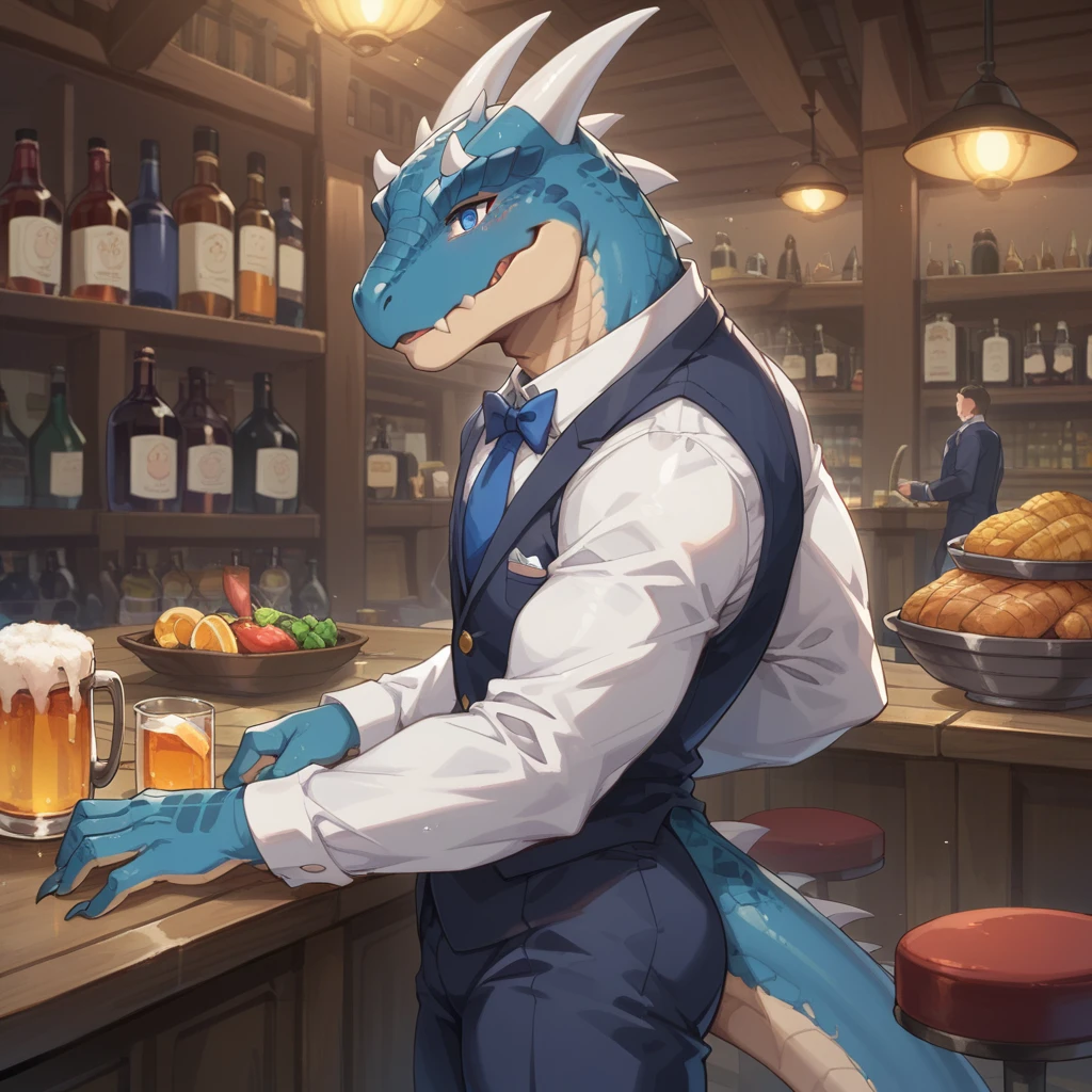 （Young Lizardman、Bar Master、Standing behind the counter、）Blue body、Tuxedo suit、Friendly smile、Toned body、Two white horns、Sparkling blue eyes、Dark Tavern、Inside the store、cool、front