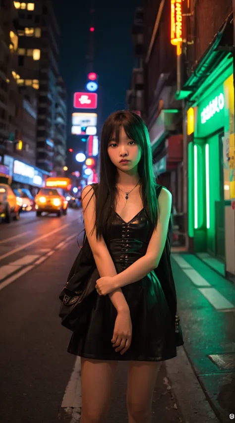 masterpiece, highest quality, 8k, 15 years, teen, raw photos, absurd, award-winning portrait, alone, night, neon, idol&#39;s fac...