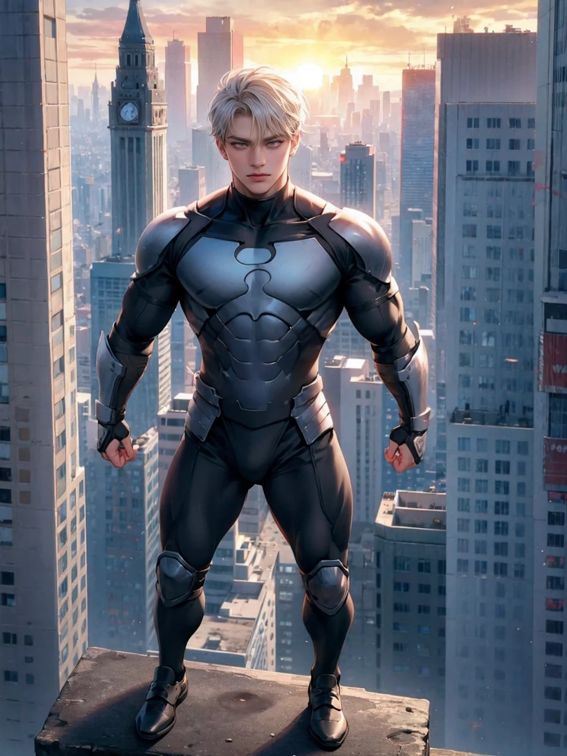 (masterpiece, 4K resolution, Surreal, Very detailed), (Knight theme, Charming, There was a boy at the top of the city, Wearing silver tights, He's a superhero), [ ((20 years), (short hair:1.2), whole body, (Heterochromia:1.2), ((Fighting Stance),Dynamic display), ((Sandy urban environment):0.8)| (city View, Daytime), (sun))