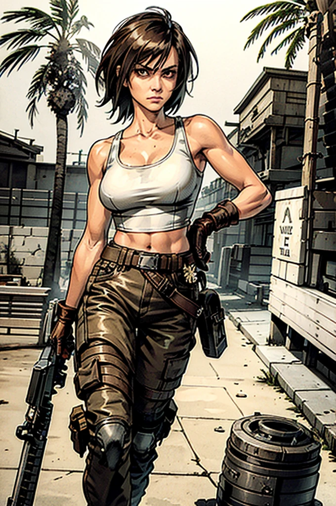 a military woman, well trained body, white sleeveless t-shirt, Exposed collarbone, beige leather shelter, blue pants, two leather belts with gun pockets, dark brown hair, carving, Brown eyes, hazel left eye, left eye with a scar, beach shore, at daytime, walking towards the viewer, serious expression, threatening expression looking at viewer, raising an eyebrow, sparkling beach, palm trees around, leather gloves on his hands, In a post-apocalyptic environment, post - apocalyptic cowgirl, Post - Apocalyptic style, Post apocalyptic clothing, pose, post-apocalyptic, Postapocalyptic style, post apocalyptic grunge, Post - Apocalyptic Scavenger. (Ultra quality) 8k quality, detailed, perfect light, perfect angle, perfect sharpness.