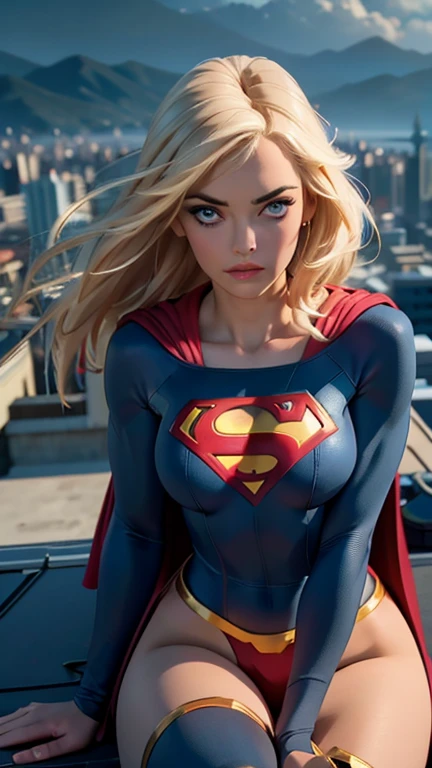 supergirl, sitting on a rooftop building, lost in deep thought, looking at the city, perfect eye, beautiful highly detailed eyes, beautiful blue eyes, both eyes are similar, beautiful detailed lips, extremely detailed face, long eyelashes, beautiful detailed tight costume, tight figure, blonde hair, big breasts, dynamic pose, cinematic lighting, epic cityscape, moody atmosphere, dramatic shadows, vibrant colors, photorealistic, 8k, best quality, hyper detailed, masterpiece