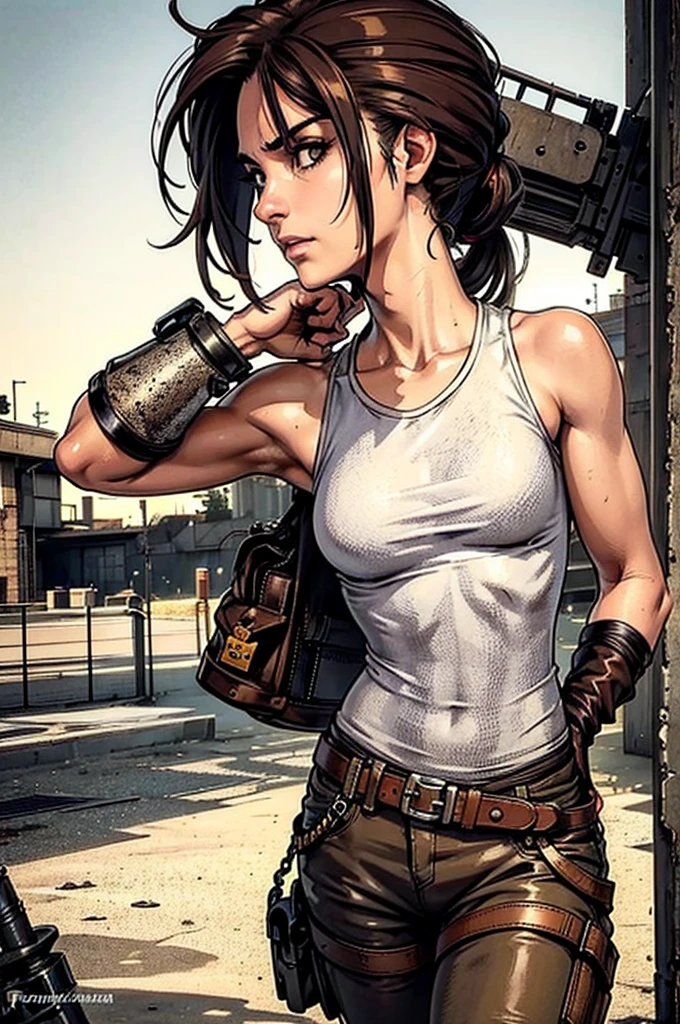 a military woman, well trained body, white sleeveless t-shirt, Exposed collarbone, beige leather shelter, blue pants, two leather belts with gun pockets, dark brown hair, carving, Brown eyes, hazel left eye, left eye with a scar, beach shore, at daytime, walking towards the viewer, serious expression, threatening expression looking at viewer, raising an eyebrow, sparkling beach, palm trees around, leather gloves on his hands, In a post-apocalyptic environment, post - apocalyptic cowgirl, Post - Apocalyptic style, Post apocalyptic clothing, pose, post-apocalyptic, Postapocalyptic style, post apocalyptic grunge, Post - Apocalyptic Scavenger. (Ultra quality) 8k quality, detailed, perfect light, perfect angle, perfect sharpness.