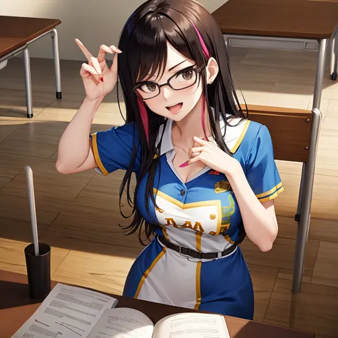 your influencer character(milf) with long, dark hair dancing on a university classroom, study table is full of books and notes ....