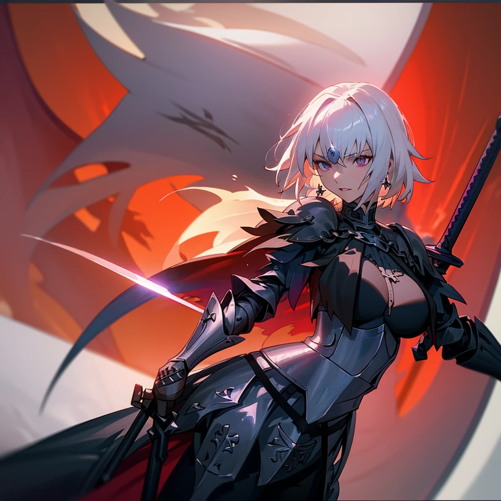 Elegant woman with cool red-purple heterochromia eyes, wearing a black armor dress, black trousers, white short straight hair (top quality, 8k, high, masterpiece), highly detailed facial features, intricate details, natural lighting, warm color, soft focus, digital painting, fantasy art, silhouette, red light, eerie atmosphere, foggy, holding a sword, Excalibur(Fate), Jeanne alter(Fate/Gran_Order), Big breasts.