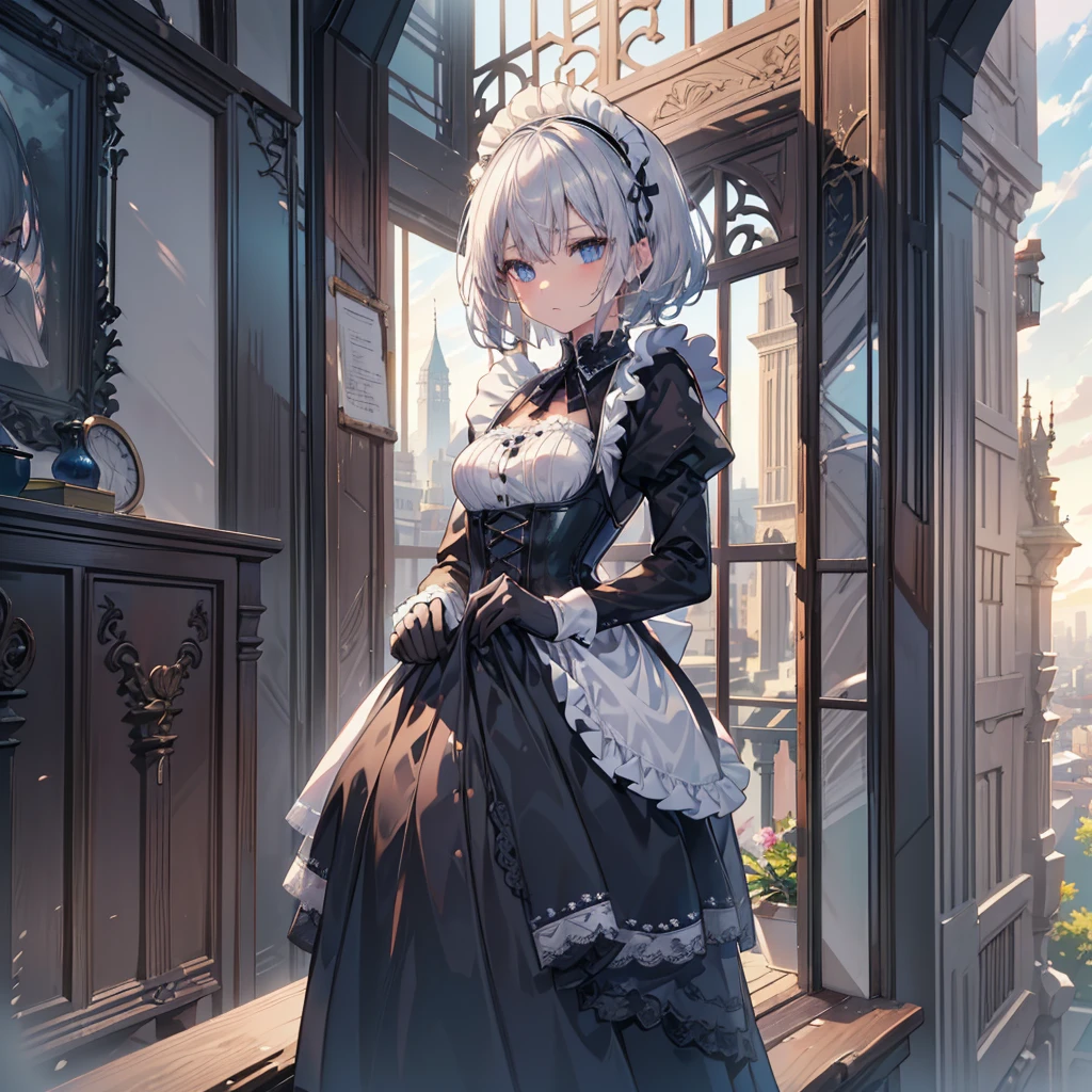 Dengeki Bunko, Woman Looking Back, Perfect Human Medicine, {{{{{Maid clothes}}}}},Small ,Anime Assortment,Cool,{{{{{50 year old woman}}}}} ,{{{{{a person is depicted}}}}},(Official Art、{{{{{Upper Bodyアングル}}}}},Highest quality、Unity 8k wallpaper、32K、masterpiece、Ultra-detailed、Ultra-high resolution, Realistic、Grab your hair with your hands, Photorealistic:1.2)、(Cinema Lighting:1.2)、,Fire Glow Effect、The most grainy shadows on the film、Rim Light、Side light、Side Shot、(Ultra-detailed and intricate 3D rendering)、Very short hair, Short wolf hair,Beautiful face and eyes in every detail、Sharp pupils、Realistic students、Slender、white maid hat, Highly detailed background、Beautiful Face、Beautiful  girl、(Ultra-detailedなスキン、Detailed skin texture:1.Silver Hair:1.3)、Blunt bangs、Blue eyes、{{{{{黒いMaid clothes}}}}}、White apron costume、Black knee socks、(Thighs Thighs Thighs Thighs:0.8)、Black Bhutanese sticks and a beautiful sunset、Medieval castle、Dancing on the Tower Roof、(avert your eyes、Overlooking the city:1.3)、Fantastic、Close your mouth and bite, Makes your face smaller, (Tabletop), Highest quality, Perfect Face, 1 Girl, alone, Eye color is light blue, Hair between the eyes, Very Short Hair, Blue eyes, Silver Hair, Knee-high boots, corset,Black gloves, Long sleeve,  Upper Body,