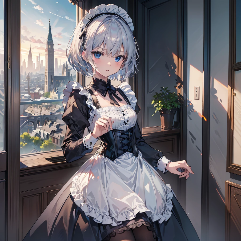 Dengeki Bunko, Woman Looking Back, Perfect Human Medicine, {{{{{Maid clothes}}}}},Small ,Anime Assortment,Cool,{{{{{50 year old woman}}}}} ,{{{{{a person is depicted}}}}},(Official Art、{{{{{Upper Bodyアングル}}}}},Highest quality、Unity 8k wallpaper、32K、masterpiece、Ultra-detailed、Ultra-high resolution, Realistic、Grab your hair with your hands, Photorealistic:1.2)、(Cinema Lighting:1.2)、,Fire Glow Effect、The most grainy shadows on the film、Rim Light、Side light、Side Shot、(Ultra-detailed and intricate 3D rendering)、Very short hair, Short wolf hair,Beautiful face and eyes in every detail、Sharp pupils、Realistic students、Slender、white maid hat, Highly detailed background、Beautiful Face、Beautiful  girl、(Ultra-detailedなスキン、Detailed skin texture:1.Silver Hair:1.3)、Blunt bangs、Blue eyes、{{{{{黒いMaid clothes}}}}}、White apron costume、Black knee socks、(Thighs Thighs Thighs Thighs:0.8)、Black Bhutanese sticks and a beautiful sunset、Medieval castle、Dancing on the Tower Roof、(avert your eyes、Overlooking the city:1.3)、Fantastic、Close your mouth and bite, Makes your face smaller, (Tabletop), Highest quality, Perfect Face, 1 Girl, alone, Eye color is light blue, Hair between the eyes, Very Short Hair, Blue eyes, Silver Hair, Knee-high boots, corset,Black gloves, Long sleeve,  Upper Body,