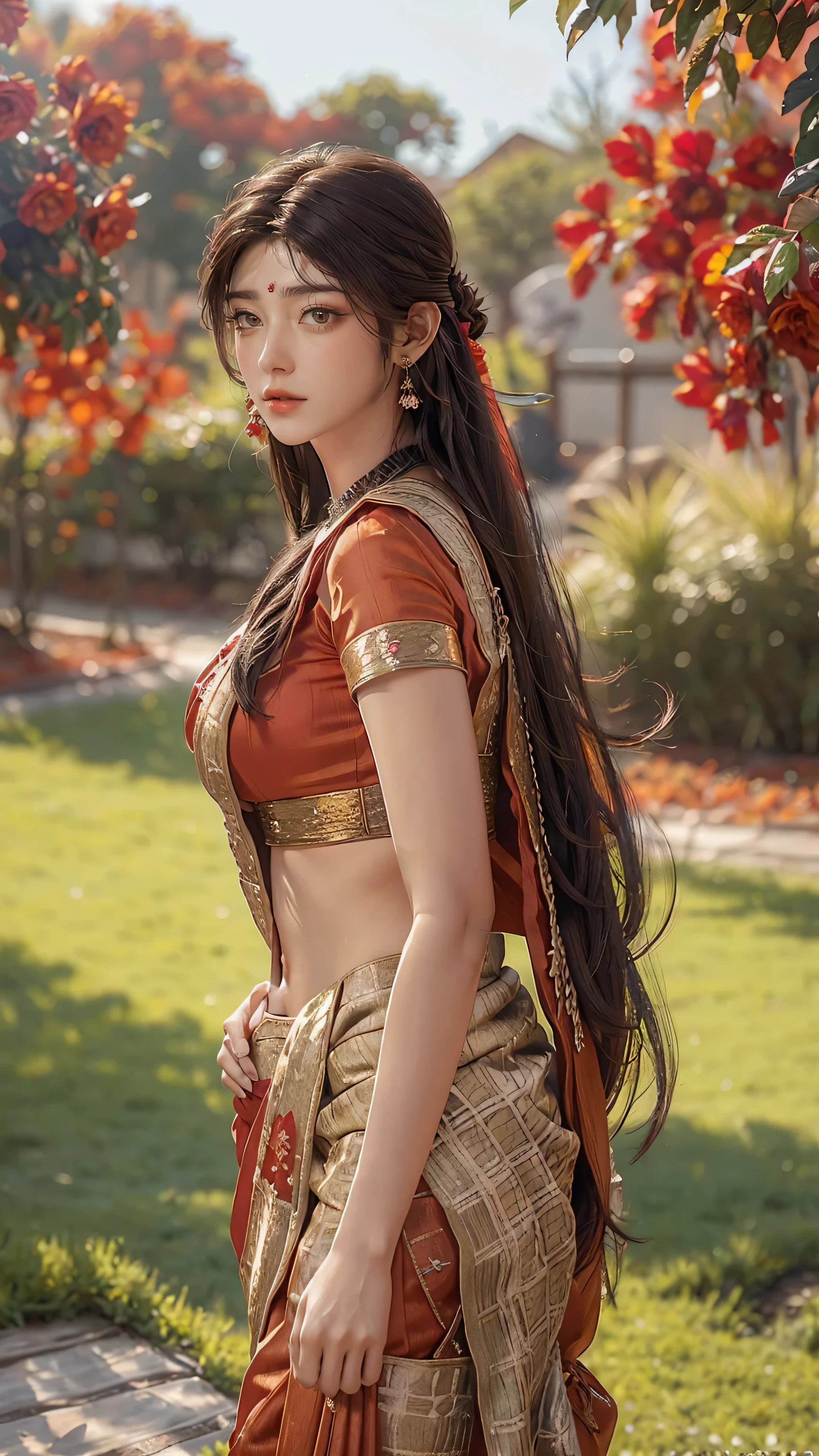 upper half body of (A hyper-realistic), (illustration), (high resolution), (8K), (highly detailed), (The best illustration of beautiful detailed image), (top-quality), (ultra-detailed), (​masterpiece), (beautiful attractive face), long hair, Earrings with bangs, ((20 year old Indian beautiful girl)) , (((wearing red Indian silk traditional sari ))) , (((Glamorous body))) , Elegant Pose, Seduction pose, Looking at the camera, garden background