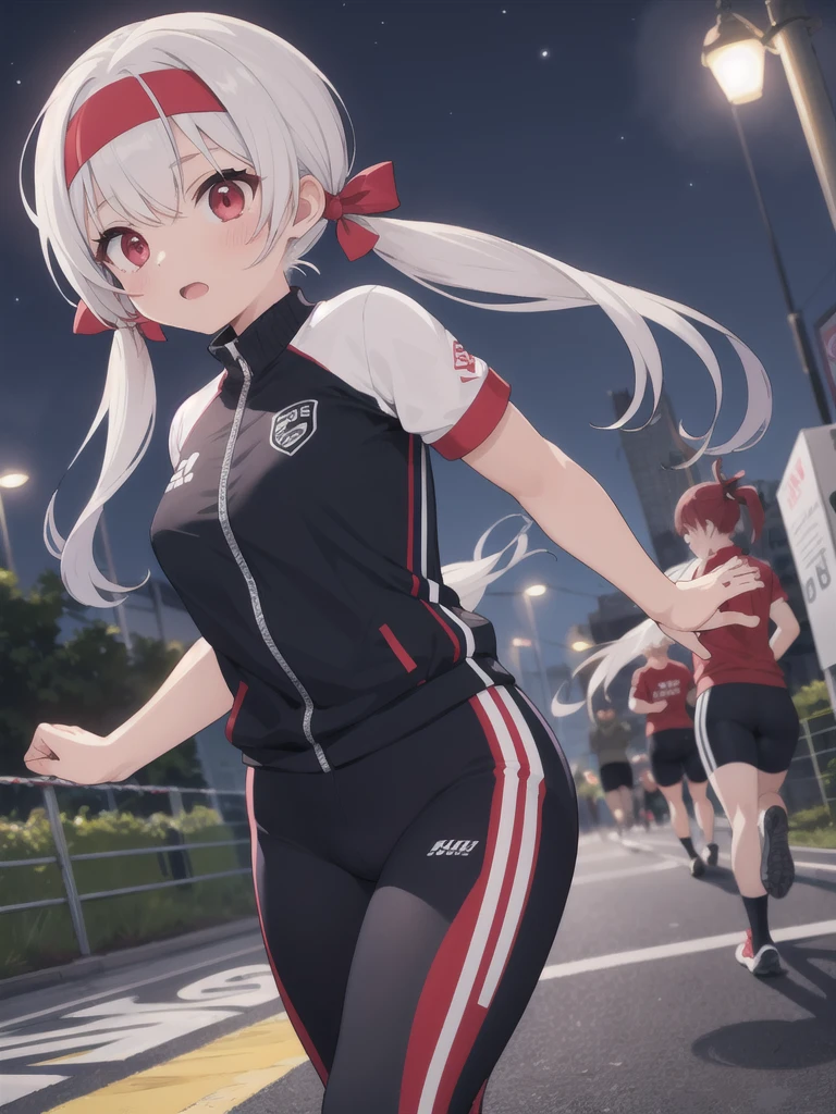 night,Outdoor,girl,Red eyes,Long twin tails,Run,Gym suit,Red headband,