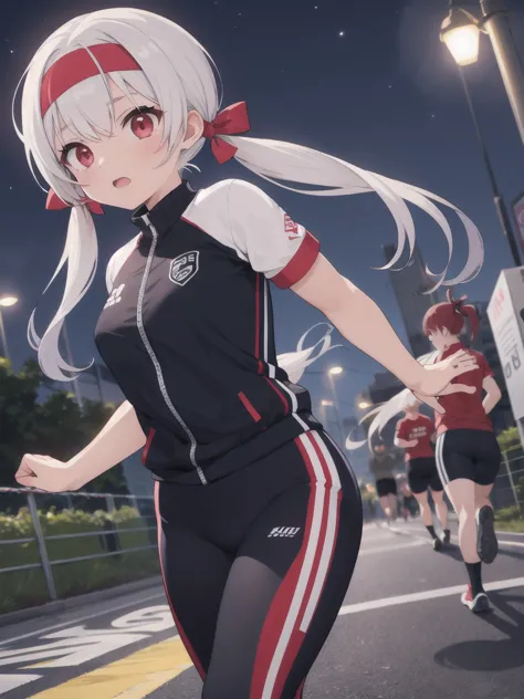 night,outdoor,girl,red eyes,long twin tails,run,gym suit,red headband,