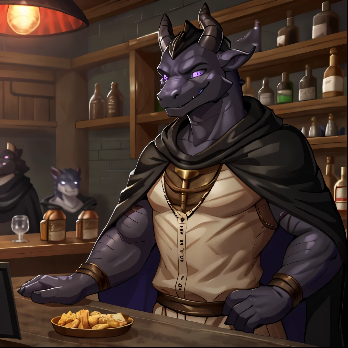 （Young Dragonborn、ancient time Bar Master、dark magic bar、Standing behind the counter、Clasp your hands in front of you）Black body、Black cloak、ancient like clothes、Narrowed Eyes with mischief Smile、A toned, dragon body、Four black horns、Dimly sparkling purple eyes、Dark Tavern、Inside the store、cool、front、