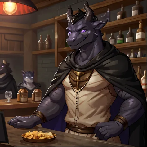 （Young Dragonborn、ancient time Bar Master、dark magic bar、Standing behind the counter、Clasp your hands in front of you）Black body...