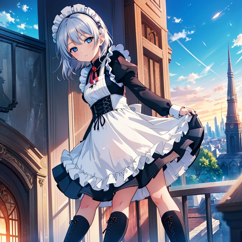 Dengeki Bunko, Woman Looking Back, Perfect Human Medicine, {{{{{Maid clothes}}}}},Small ,Anime Assortment,Cool,{{{{{50 year old woman}}}}} ,{{{{{a person is depicted}}}}},(Official Art、{{{{{Upper Bodyアングル}}}}},Highest quality、Unity 8k wallpaper、32K、masterpiece、Ultra-detailed、Ultra-high resolution, Realistic、Grab your hair with your hands, Photorealistic:1.2)、(Cinema Lighting:1.2)、,Fire Glow Effect、The most grainy shadows on the film、Rim Light、Side light、Side Shot、(Ultra-detailed and intricate 3D rendering)、Very short hair, Short wolf hair,Beautiful face and eyes in every detail、Sharp pupils、Realistic students、Slender、white maid hat, Highly detailed background、Beautiful Face、Beautiful  girl、(Ultra-detailedなスキン、Detailed skin texture:1.Silver Hair:1.3)、Blunt bangs、Blue eyes、{{{{{黒いMaid clothes}}}}}、White apron costume、Black knee socks、(Thighs Thighs Thighs Thighs:0.8)、Black Bhutanese sticks and a beautiful sunset、Medieval castle、Dancing on the Tower Roof、(avert your eyes、Overlooking the city:1.3)、Fantastic、Close your mouth and bite, Makes your face smaller, (Tabletop), Highest quality, Perfect Face, 1 Girl, alone, Eye color is light blue, Hair between the eyes, Very Short Hair, Blue eyes, Silver Hair, Knee-high boots, corset,Black gloves, Long sleeve, Upper Body,