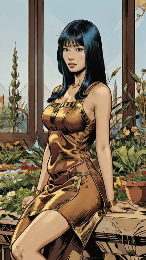 beautifull, toned, korean woman, toned body, slim legs, silk dress, gorgeous, cleopatra hair, gardencore, comic artstyle 2d