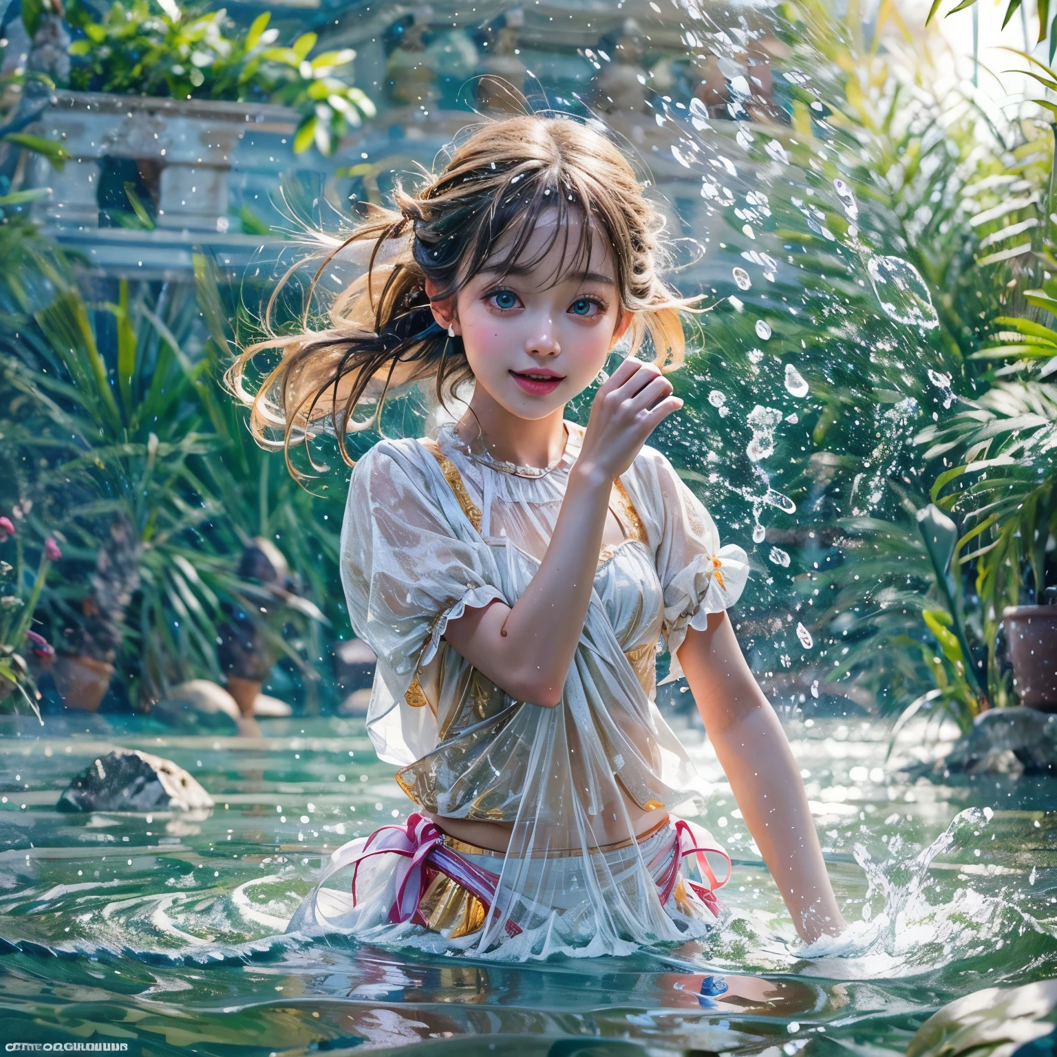 (Obra maestra de alta calidad 8K: 1.2)(Foto Realista Profesional: 1.37), iluminación volumétrica. niñas pequeñas, niña saltando al agua、descendente、salpicar agua、gritar、Superficie de agua luminosa、Colores blancos y brillantes., retroiluminación, Piel Perla Radiante, reflejos brillantes, Cara KAWAII detallada con lindos labios., Pestañas largas, ropa delicada, Entrepierna abierta detallada