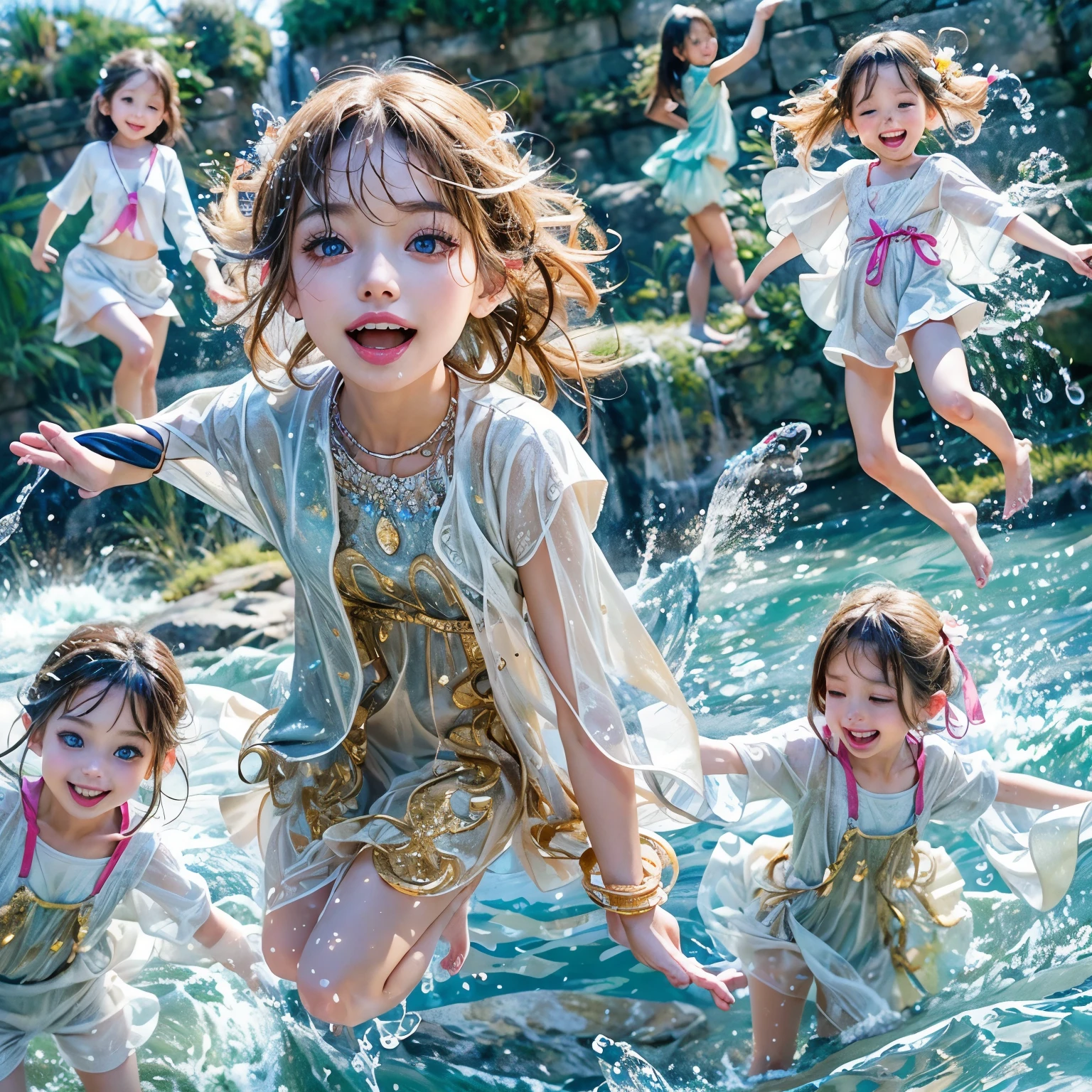 (8K TopQuality masterpiece: 1.2)(Realistic ProfessionalPhoto: 1.37), VolumetricLighting. Tiny Girls, girl jumping into the water、Falling、splash water、shout、Luminous water surface、White and Bright colors, back lighting, Radiant PearlSkin, sparkling highlights, Detailed KAWAII face with cute lips, long eyelashes, Delicate clothes, Detailed open crotch