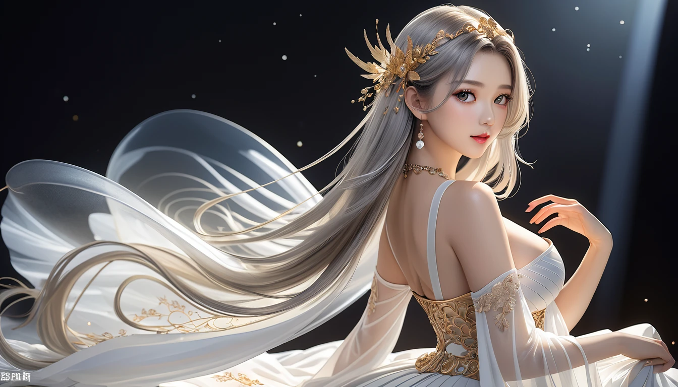 Woman in transparent dress,Viewer,(((Full breasts, Keeley University))),Slim waist,(Navel exposed,Bare waist), Long hair, extreme detailed details, Detailed fantasy art, Stunning character art, Beautiful and exquisite character art, Beautiful transparent dress, Very detailed, Girl wearing flowing Hanfu, Exquisite headpieces and jewellery,Crystal jewelry filigree, galaxy, Stunning visuals, (Dynamic Stripes, light rail:1.2), Vibrant colors,Long hair动漫女孩和狐狸, 美丽的白金色Angel女士, 白毛Angel, Beautiful character painting, Beautiful anime portrait, Angel翅膀的女孩, a beautiful Angel woman, Mystical artwork, Guweiz, by Ren Renfa, Angel, Large Breasts，Full breasts，Golden ratio figure，Perfect body，Ultra wide-angle shooting，Full body shot，Body close-up，Full body shot，Wearing a pleated tulle skirt，Soft anime illustration, Soft dark background，Fujifilm XT3 Clear focus, f 5.6, High Detail, Clear focus, Dramatic, (Wearing openwork clothing), (Looking at the audience:1.8), (Natural light), (Tempting)translucent, Good velvet quality, Compared, Divine Light,, Silver gray hair, Sky background, Absolute Strength,女性Angel，Girl in sexy silk,，Large Breasts，Full breasts，Golden ratio figure，Perfect body，Ultra wide-angle shooting，Full body shot，Body close-up，Full body shot， Wearing a tulle dress, Model shooting style, Large Breasts，Full breasts，Golden ratio figure，Perfect body，(Extremely detailed CG 8k wallpaper unit), The most beautiful artistic photos in the world, , 8K Ultra HD, ) On the big white bed，Lazy gesture，Charming and seductive expression，best quality,masterpiece,Ultra-high resolution,(Practical:1.4),original photo,Ultra-high resolution，White skin，Exquisite makeup，Long legs，Bright beautiful eyes，用深色眼影打造Exquisite makeup，