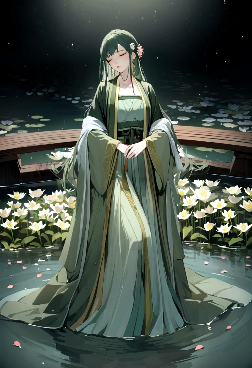 dark green Hanfu, a woman, cold, fair skin, sea of flowers, pond, petals floating on water, lilies, collarbones, closed eyes, half immersed in water, dark background, moonlight, hairpins, jade pei, hanfu, delicate face, hair accessories, rosy lips, skirts, belts, jewelry, long hair, earrings, , hair strands, perfect body proportions, wet, slender legs, bridge,