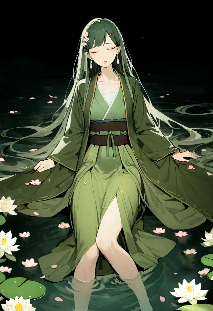 dark green Hanfu, a woman, cold, fair skin, sea of flowers, pond, petals floating on water, lilies, collarbones, closed eyes, half immersed in water, dark background, moonlight, hairpins, jade pei, hanfu, delicate face, hair accessories, rosy lips, skirts, belts, jewelry, long hair, earrings, , hair strands, perfect body proportions, wet, slender legs, bridge,