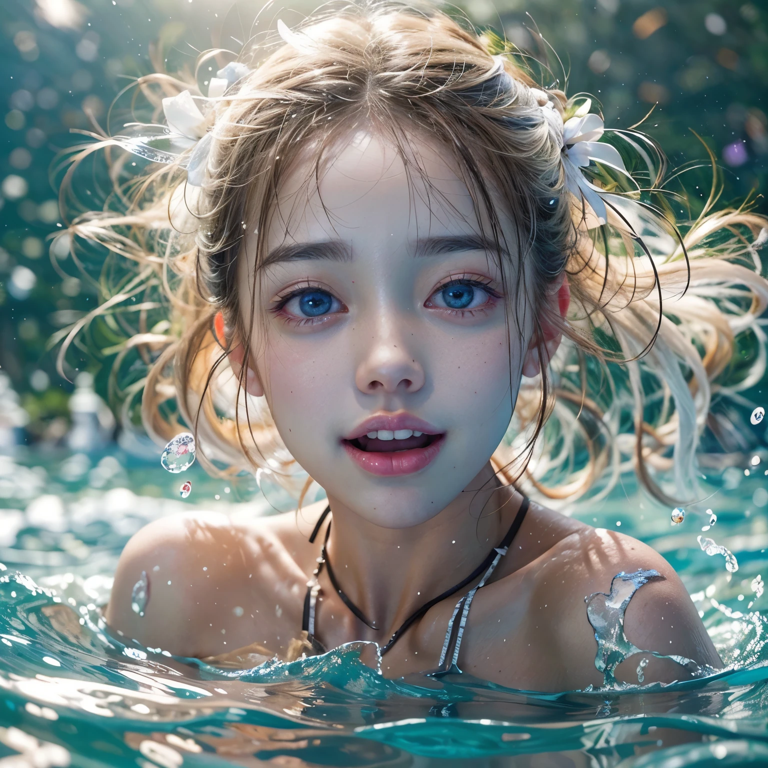 (8K TopQuality masterpiece: 1.2)(Realistic ProfessionalPhoto:1.37), VolumetricLighting. Tiny Girls, girl jumping into the water、Falling、splash water、shout、Luminous water surface、White and Bright colors, back lighting, Radiant PearlSkin, sparkling highlights, Detailed KAWAII face with cute lips, long eyelashes, Delicate clothes, Detailed open crotch