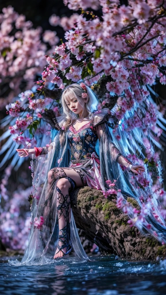 A girl perched on a blossoming cherry tree, petals gently tumbling down around her, serene expression, close-up on her features, soft focus background with pastel-hued blooms, springtime ambience, cherry blossoms framing the composition, morning light casting a gentle glow, digital painting, ultra fine details.