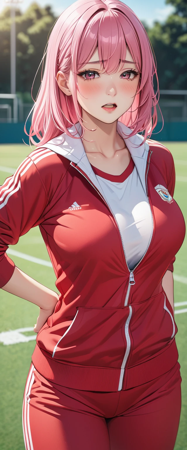 Masterpiece,Highest quality,Very detailed,8K CG,
Shoot the upper body,
One girl,Are standing,Body facing forward,View your viewers,(Red tracksuit),
blush,shy,(trembling:1.2),Pink Hair,break,Open your mouth,Large Breasts,Outdoor sports field,