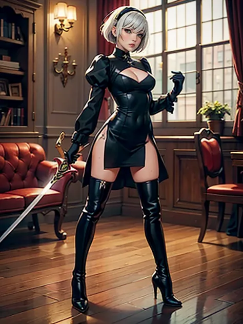2b, One girl, alone, short hair, Knee socks, gloves, Long sleeve, dress, Holding, Cleavage, Medium chest, Are standing, whole bo...