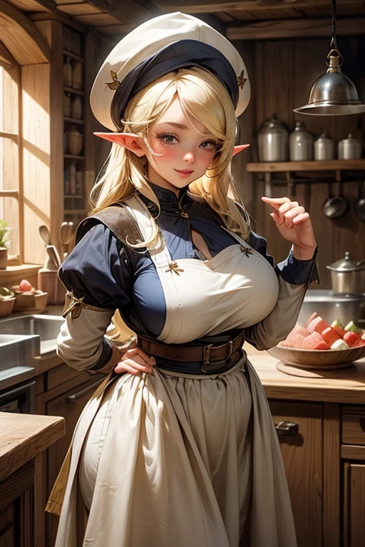 Inside a medieval kitchen, young sexy elf cook, very large breasts, chubby, sexy outfit flowered apron and big skirt with confectioner's hat, beautiful women, welcoming face, blonde hair