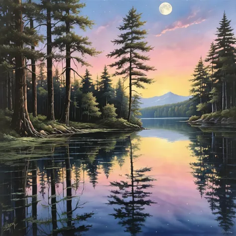 A realistic painting of a moonlit lake with detailed reflections of trees and a natural color palette