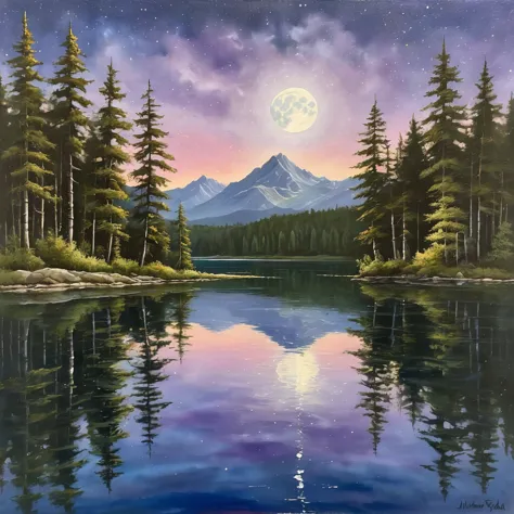 A realistic painting of a moonlit lake with detailed reflections of trees and a natural color palette
