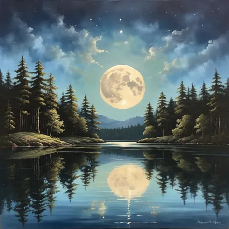 a realistic painting of a moonlit lake with detailed reflections of trees and a natural color palette