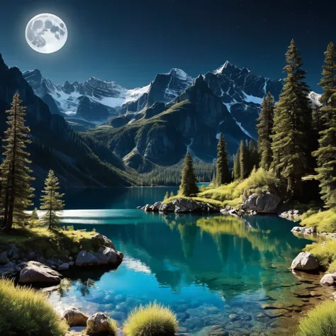 A Baroque style moonlit lake with dramatic contrasts of light and shadow, rich colors, and ornate details