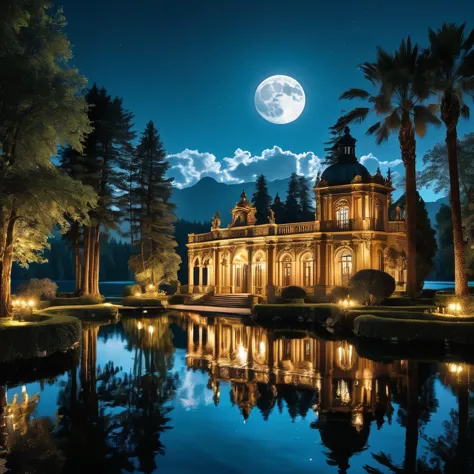 a baroque style moonlit lake with dramatic contrasts of light and shadow, rich colors, and ornate details